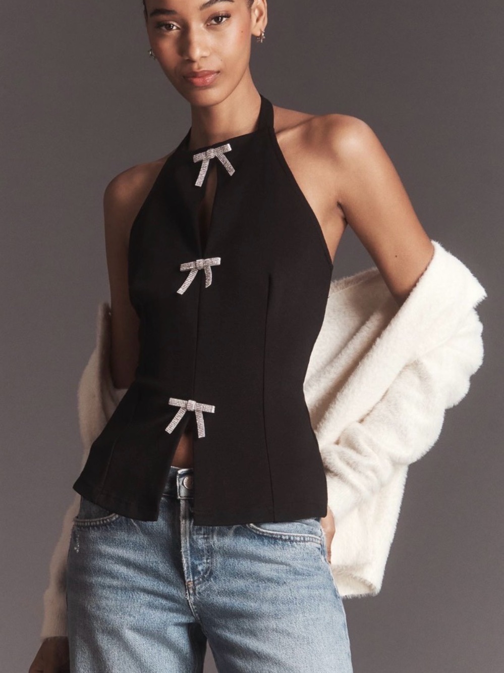 Anthropologie NEW Maeve Women’s Black Halter Top/ Rhinestone Bows